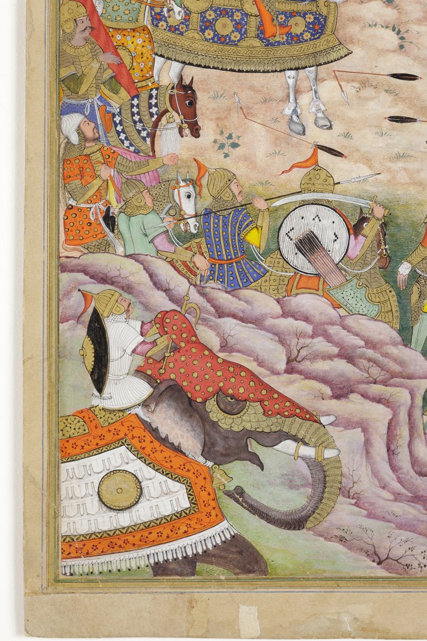 Részlet a Babur csapatai elfoglalják a kabuli erődöt, 1590-1600 körül (átlátszatlan wc és arany, papír) alkotó: Dhannu, and Dharmdas Farrukh