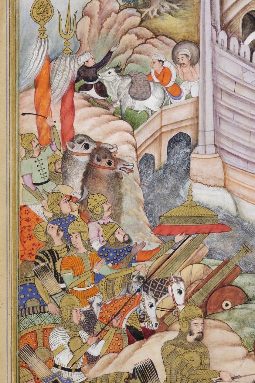 Részlet Babur csapataitól elfoglalja a kabuli erődöt, 1590-1600 körül (átlátszatlan wc és arany papíron) alkotó: Dhannu, and Dharmdas Farrukh