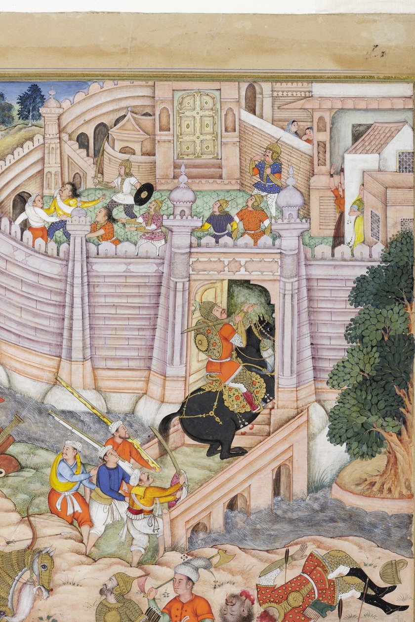Részlet a Babur csapatai elfoglalják a kabuli erődöt, 1590-1600 körül (átlátszatlan wc és arany, papír) alkotó: Dhannu, and Dharmdas Farrukh