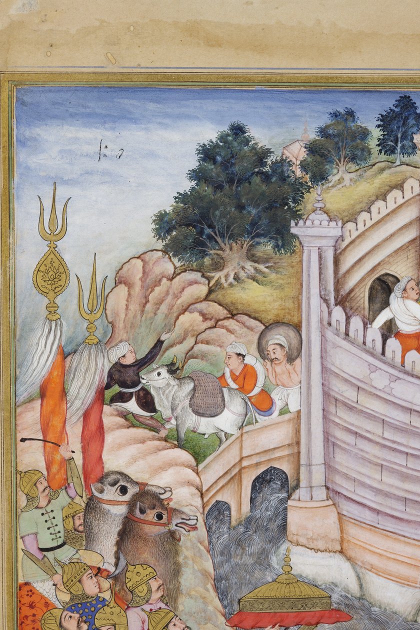 Részlet Babur csapataitól elfoglalja a kabuli erődöt, 1590-1600 körül (átlátszatlan wc és arany papíron) alkotó: Dhannu, and Dharmdas Farrukh