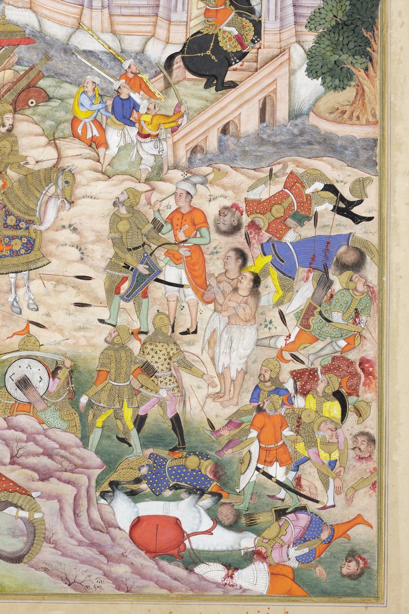 Részlet a Babur csapatai elfoglalják a kabuli erődöt, 1590-1600 körül (fedetlen akvarell és arany, papír) alkotó: Dhannu & Dharmdas Farrukh
