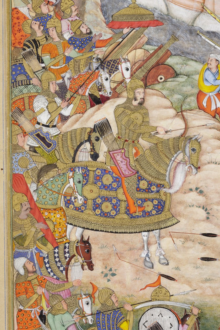 Részlet Babur csapataitól elfoglalja a kabuli erődöt, 1590-1600 körül (átlátszatlan wc és arany papíron) alkotó: Dhannu, and Dharmdas Farrukh