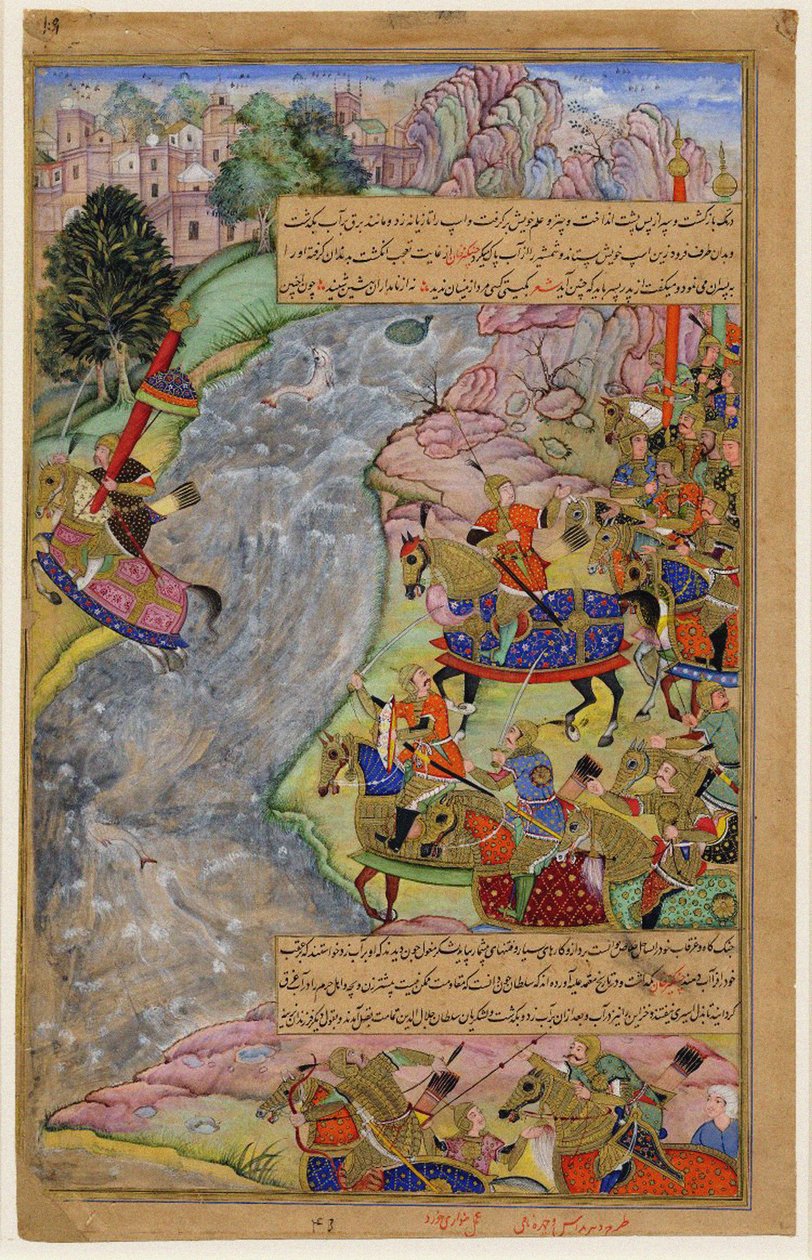 Jalal al-Din Khwarazm-Shah átkel a sebes Indus folyón, megszökve Chinggis kán és serege elől, 1597 alkotó: Dharm Das