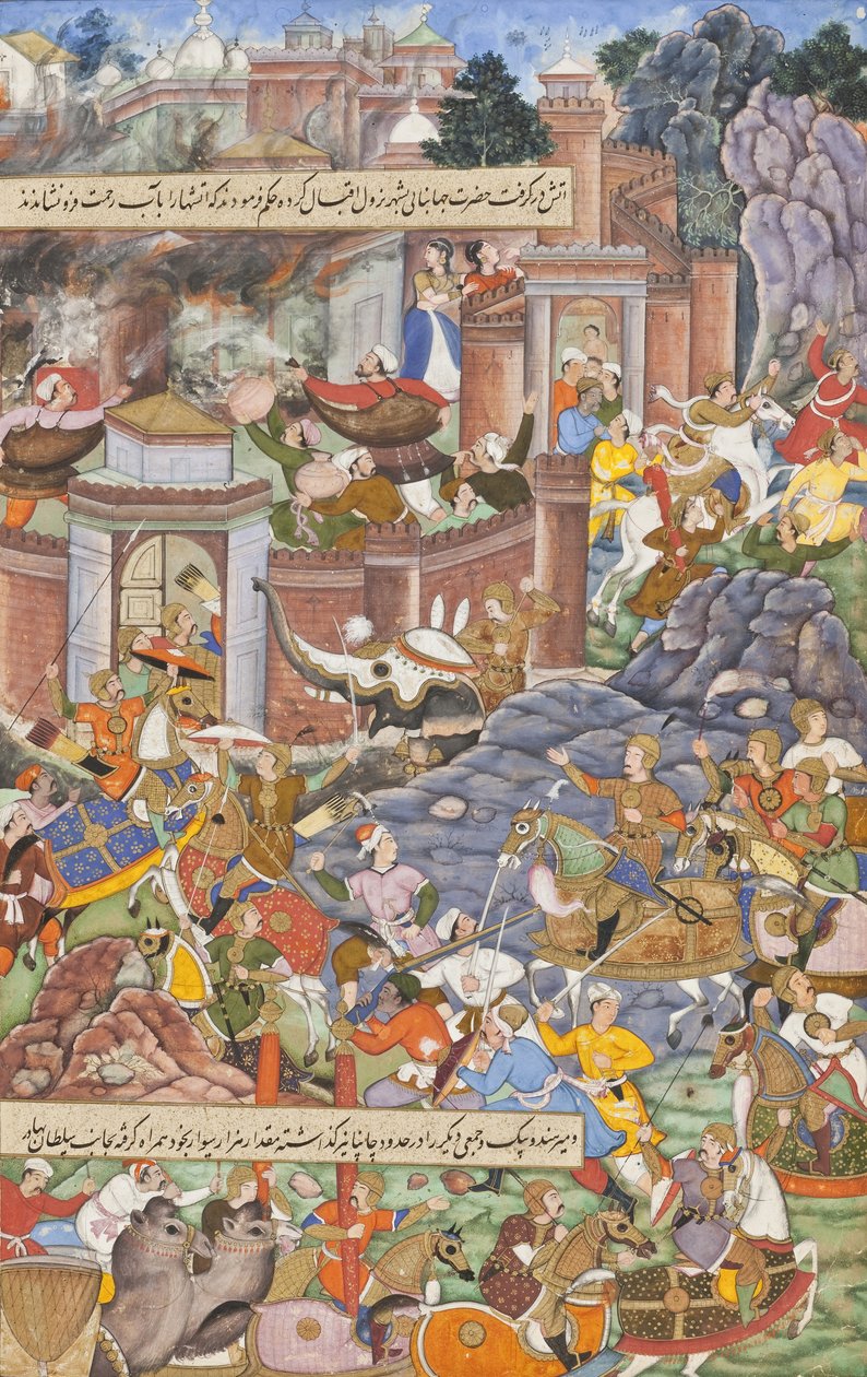 Bahadur szultán repülése a Humayuns 1535 kampánya során Gujaratban, 1590 körül (átlátszatlan akvarell, arany és tinta papíron) alkotó: Dharmdas Dharmdas