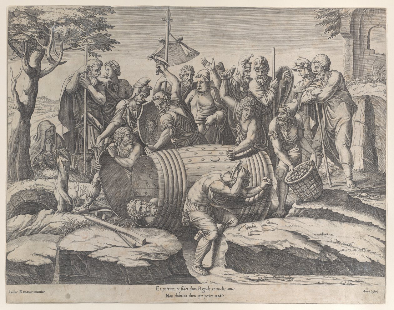 Marcus Atilius Regulus egy hordóban, miközben két férfi ütögeti a szögeket, különféle fi..., 1555-77. alkotó: Diana Mantuana