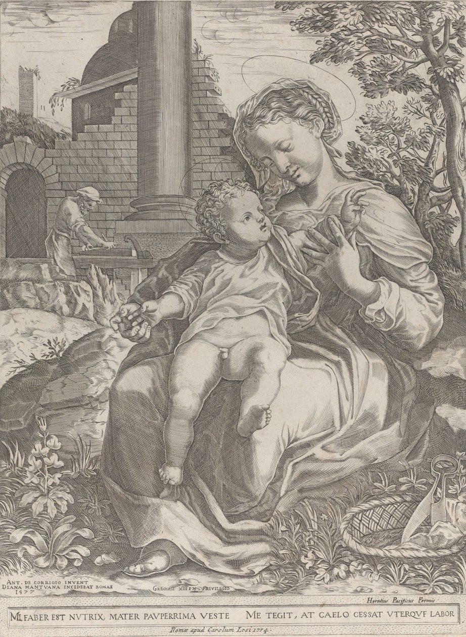 A Szent Család Egyiptomban, József ács a háttérben..., [1577], újra kiadva 1774. alkotó: Diana Mantuana