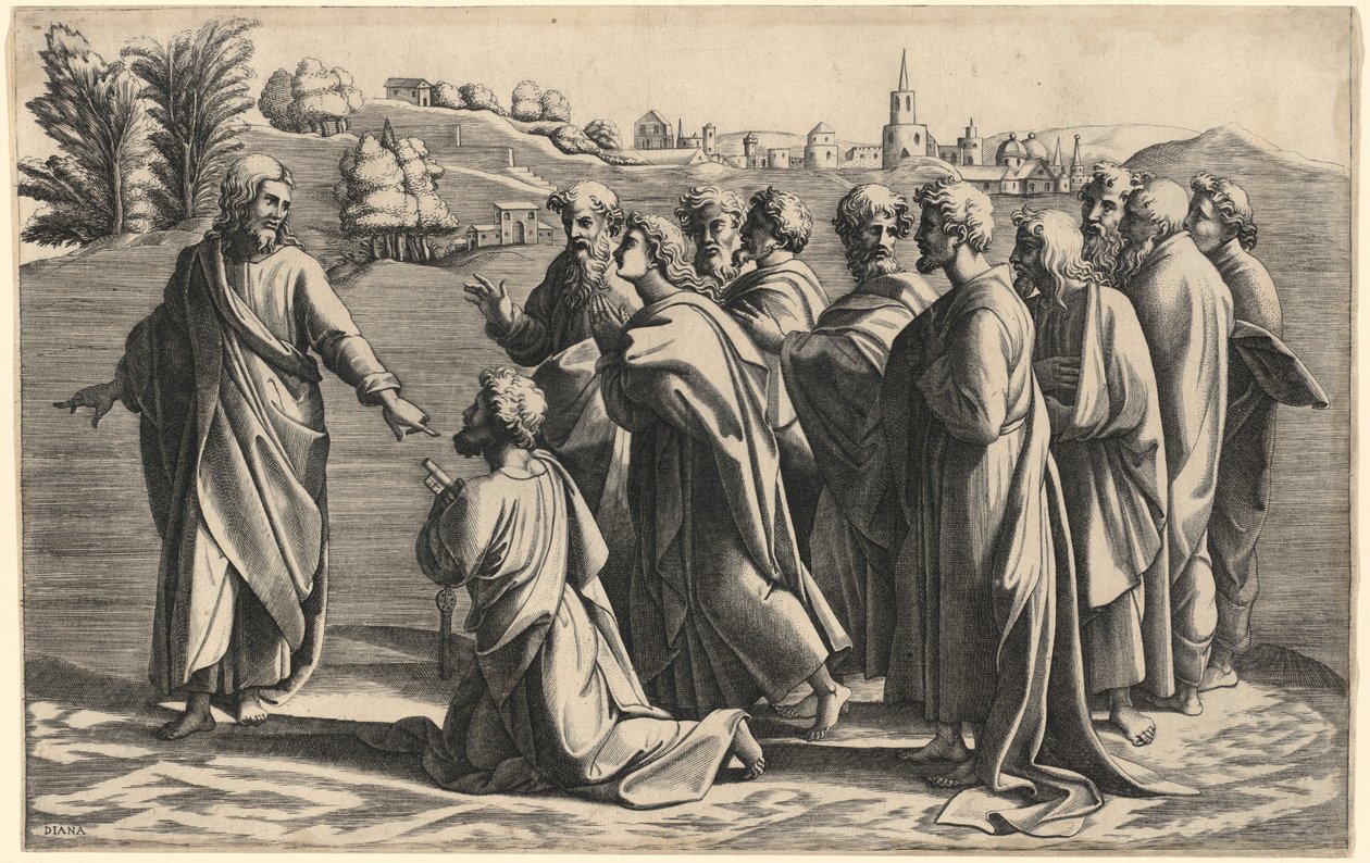 Krisztus az egyház fejévé teszi Szent Pétert alkotó: Diana Scultori after Raphael