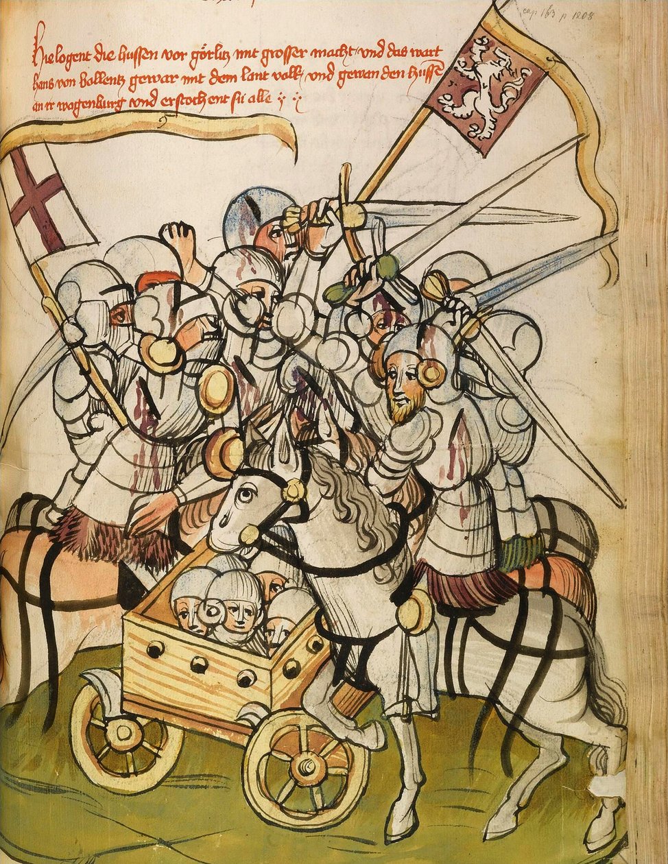 Csatajelenet a katolikus keresztes hadjárat során a husziták, Jan Hus (vagy Jean Huss) támogatói ellen alkotó: Diebold (workshop) Lauber