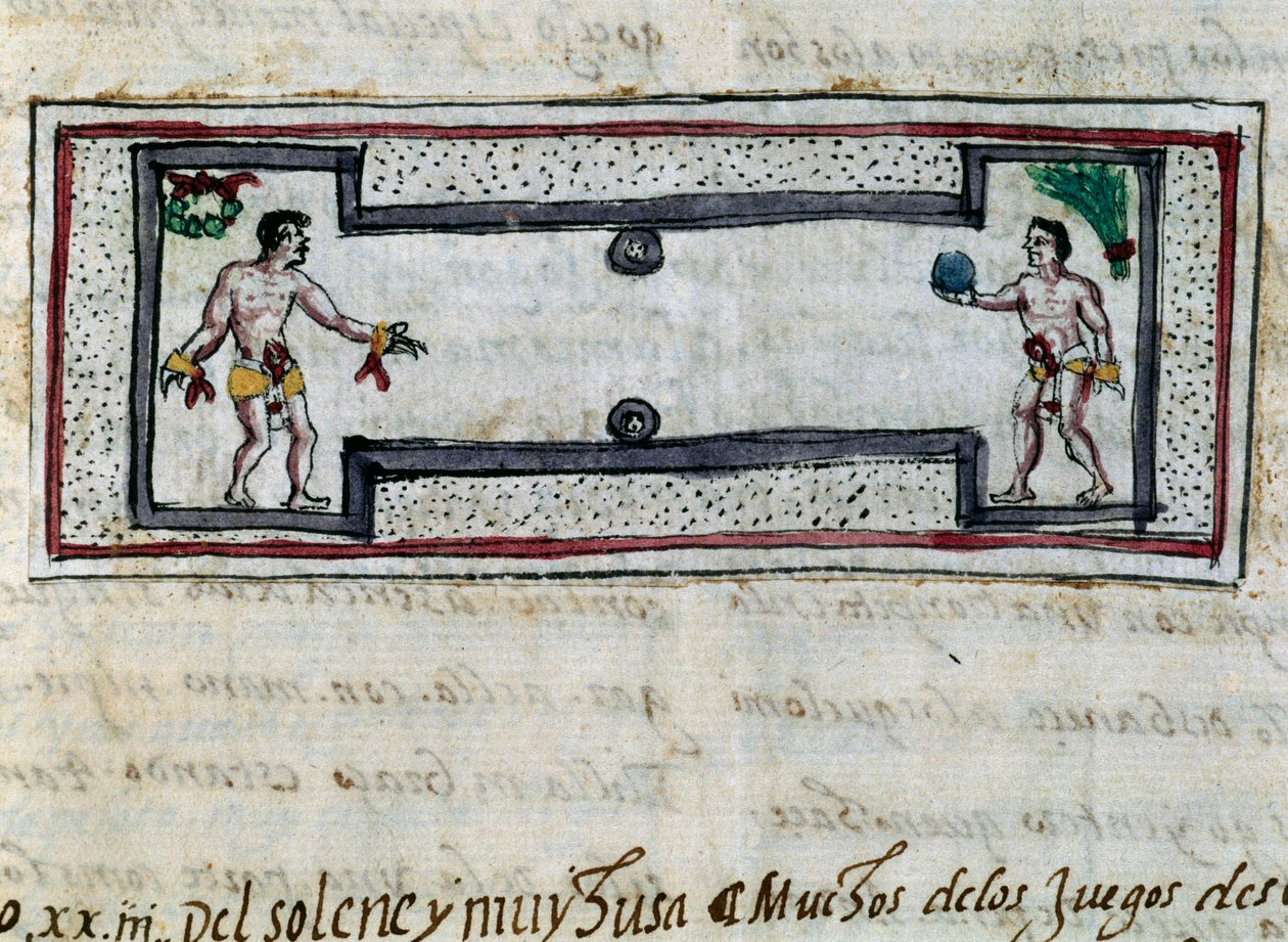 Aztékok pelotával, miniatűr Indiák történelméből (Historia de las Indias), Diego Duran (1537-1588), kézirat 1579-ből alkotó: Diego Duran