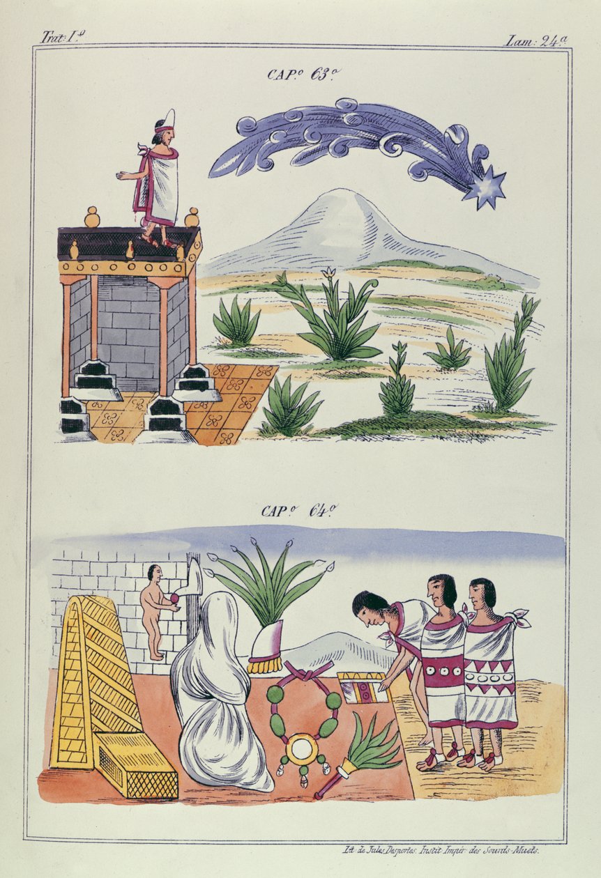 63-as és 64-es sapka, illusztrációk a „Historia de las Indias de Nueva Espana y Islas de tierra firme”-ből, Jules Desportes (Mexikó, 1867-80) lemezeivel alkotó: Diego Duran