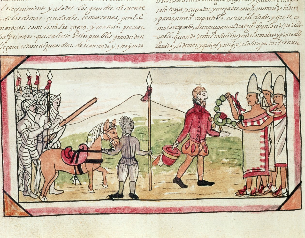 Fol.208v Hernando Cortes (1485-1547) és Montezuma (1466-1520) találkozása, miniatűr Diego Duran „Az indiánok története” című művéből, 1579 alkotó: Diego Duran