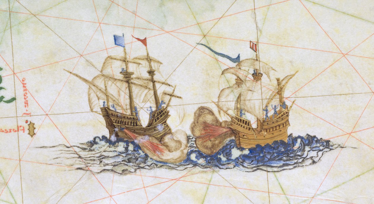 Add hozzá az 5415A f.10 két galleon harcát, részlet az "Opus Geographicum"-ból alkotó: Diego Homem