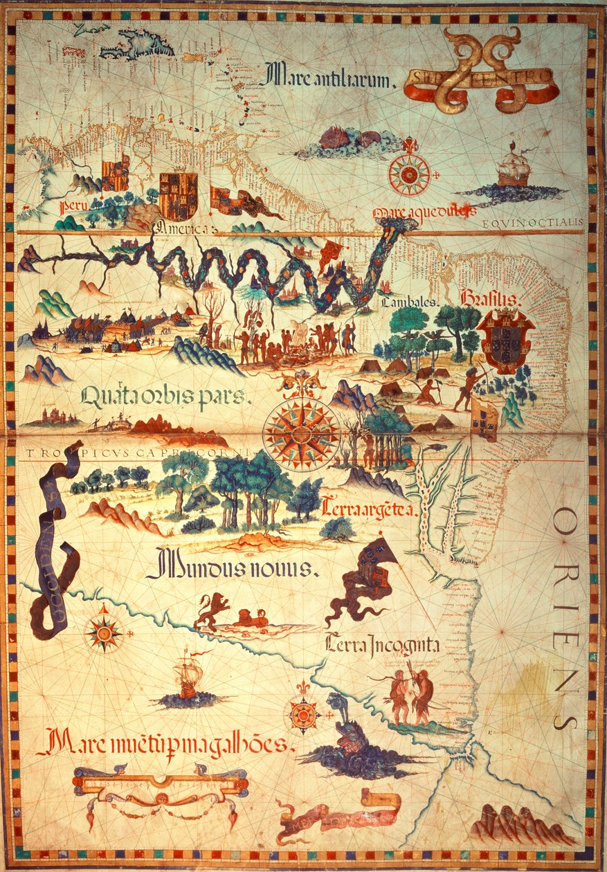 Adja hozzá Diego Homem dél-amerikai 5415A f.23v-24 atlaszát, amely az indiánokat mutatja be településeiken, a spanyol expedíciós haderőtábort és a páncélos férfiakat, 1558 körül alkotó: Diego Homem
