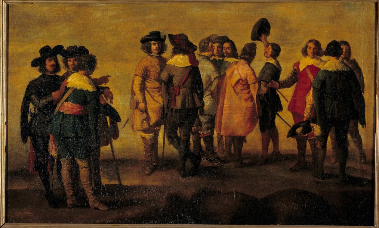 Tizenhárom szereplő beszélgetése vagy találkozása Diego Velasquez (1599-1660) környezetének festménye 17. század V. 0,47x0,77 m alkotó: Diego Rodriguez de Silva y (after) Velazquez