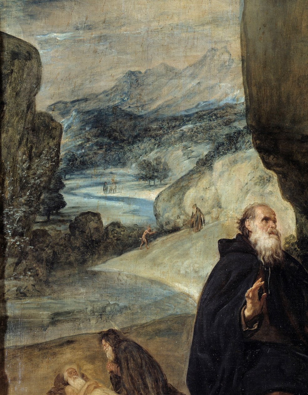 Szent Antal és Szent Pál remete. Nagy Szent Antal (vagy Remete Szent Antal vagy Szent Antal apát) részlete és a táj. Diego Rodriguez de Silva y Velasquez (1599-1660) festménye, 1635 körül. Olaj, vászon. Méret: 2,57 x 1 alkotó: Diego Velázquez