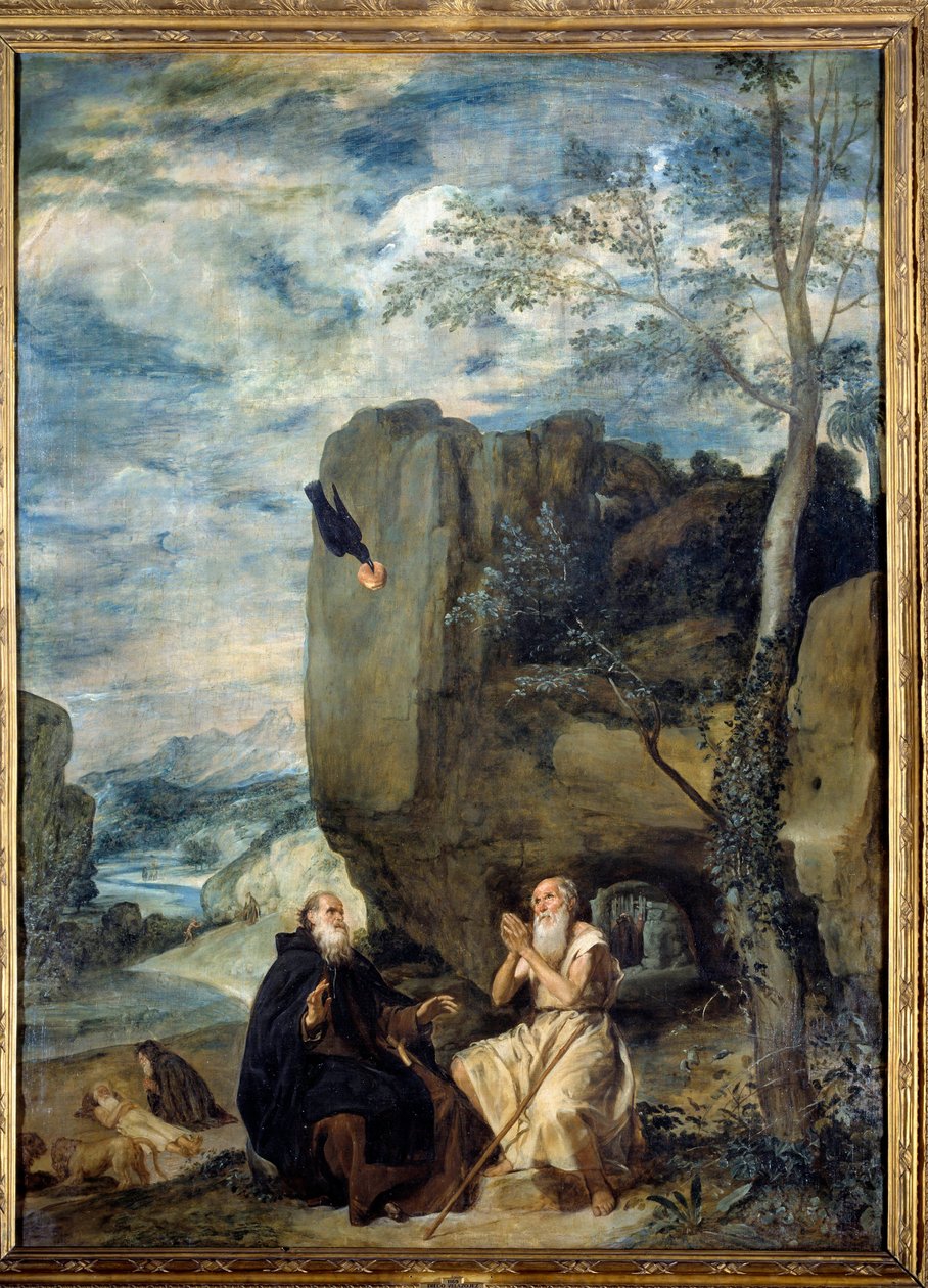 Nagy Szent Antal (vagy Remete Szent Antal vagy Szent Antal apát) és Remete Szent Pál. Diego Rodriguez de Silva y Velasquez (1599-1660) festménye, 1635 körül. Olaj, vászon. Méret: 2,57 x 1,88 m. Madrid, Musee Du Prado alkotó: Diego Velázquez