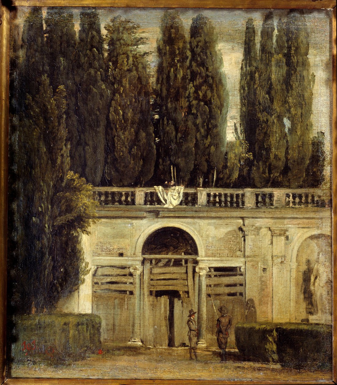 Villa Medicis Rómában, két férfi az épülő loggia barlangjának bejáratánál Kilátás a Villa Medicis kertjére. Diego Velasquez (1599-1660) festménye, 1649 körül V. 0,48x0,42 m Madrid, Prado Múzeum alkotó: Diego Velázquez