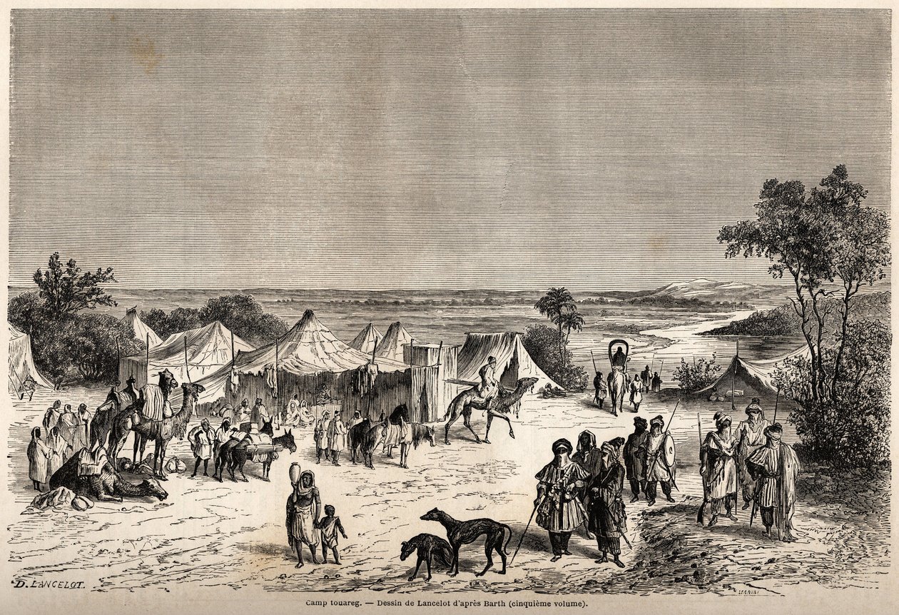 Touareg tábor, Lancelot rajza Dr. Henri Barth 1849-1855-ös utazásának szemléltetésére Afrika központjába. Metszet a „” Le tour du monde, nouveau Journal des voyages”” Párizsban alkotó: Dieudonne Auguste Lancelot
