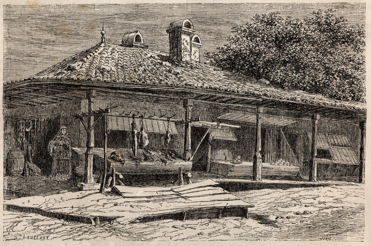 Egy hentesüzlet és egy pékség Bukarestben (Románia). Lancelot tervező 1860-as metszete a Párizsból Bukarestbe tartó utazás szemléltetésére a „Le tour du monde, nouveau Journal des voyages” című folyóiratban, amelyet Edouard Charton irányítása alatt adott k alkotó: Dieudonne Auguste Lancelot