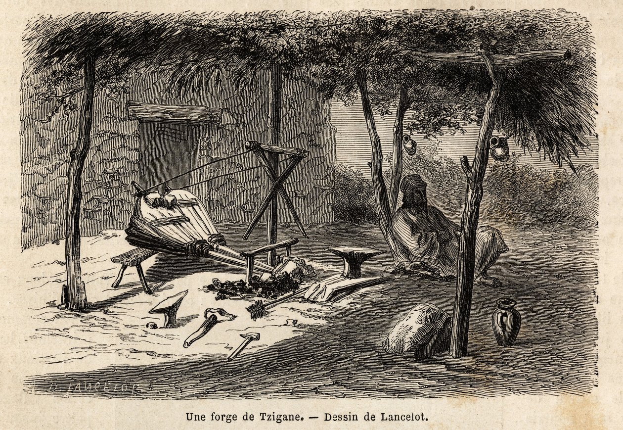 Egy cigánykohó a romániai Walachia régióban. A Párizsból Bukarestbe tartó utazást illusztráló metszet Lancelot rajzolótól 1860-ban, amelyet a „Le tour du monde, nouveau Journal des voyages” jelent meg Edouard Charton irányítása alatt. alkotó: Dieudonne Auguste Lancelot