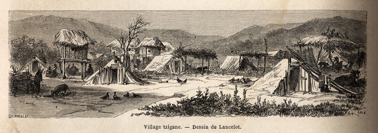 Cigány falu. A Párizsból Bukarestbe tartó utazást illusztráló metszet Lancelot rajzolótól 1860-ban, amelyet a „Le tour du monde, nouveau Journal des voyages” jelent meg Edouard Charton irányítása alatt. alkotó: Dieudonne Auguste Lancelot