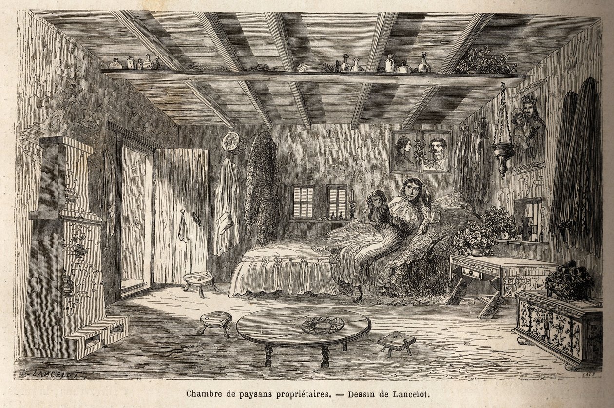 Tulajdonos parasztok háza Orezu (Walachia régió, Románia) környékén. Metszet a Párizsból Bukarestbe tartó utazás szemléltetésére, Lancelot rajzoló 1860-ban, megjelent a „Le tour du monde, nouveau Journal des voyages” irányítása alatt. alkotó: Dieudonne Auguste Lancelot