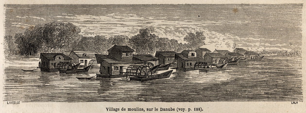 Malomfalu a Duna-parton, Lancelot rajza Victor Duruy Párizsból Bukarestbe tartó 1860-as utazásának illusztrálására. Metszet a „Le tour du monde”-ban, szerkesztette Edouard Charton alkotó: Dieudonne Auguste Lancelot