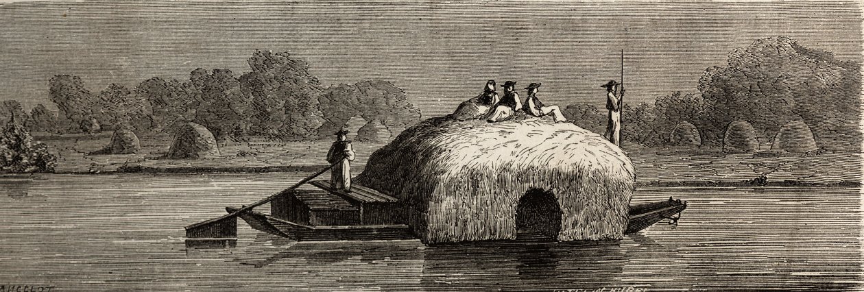 Takarmány vágása, betakarítása, szállítása a Duna-parton. Lancelot rajza, 1860-ban Párizsból Bukarestbe tartó utazásának illusztrálására. Metszet a „Le tour du monde”-ban, szerkesztette Edouard Charton alkotó: Dieudonne Auguste Lancelot