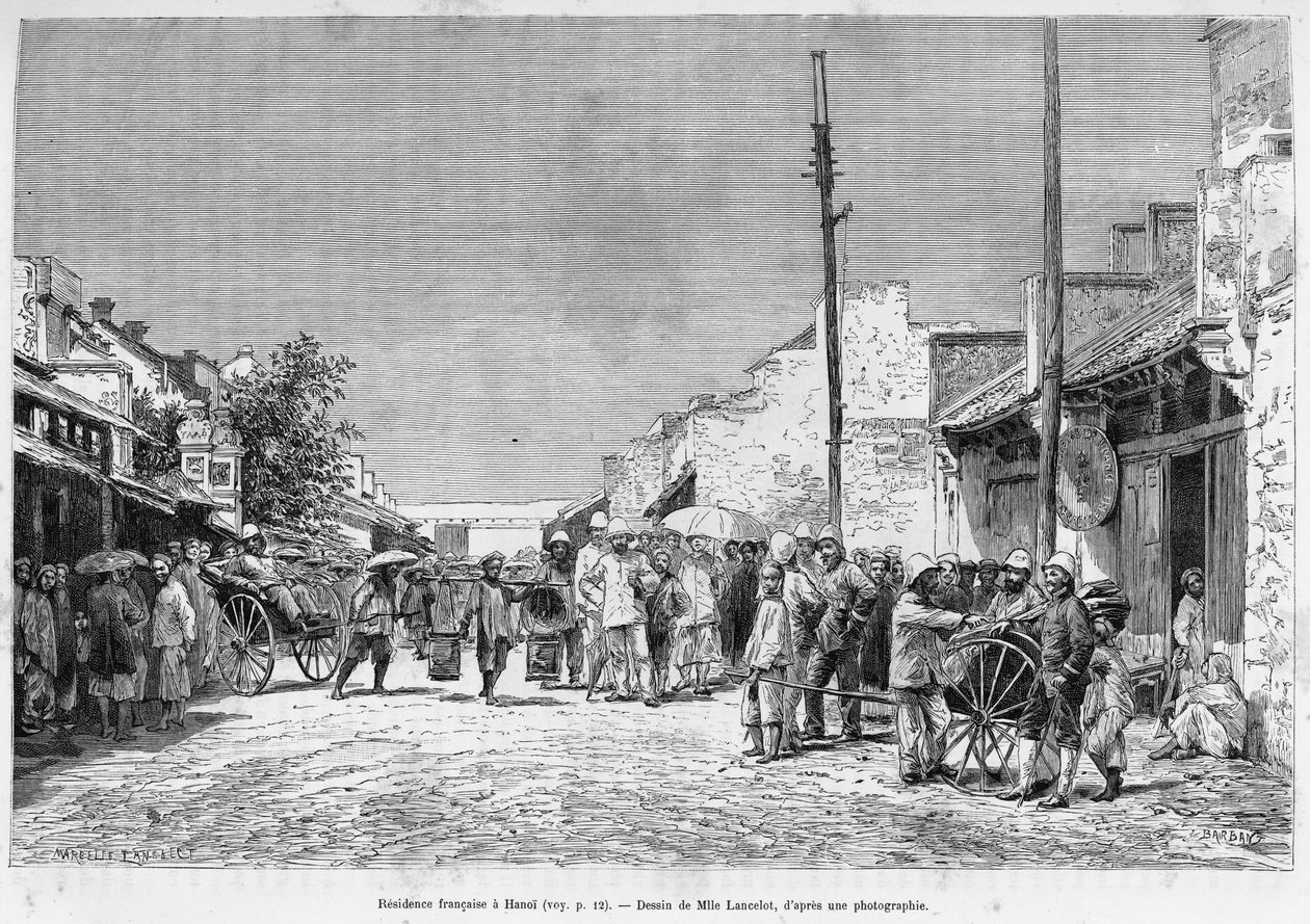 Francia rezidencia Hanoiban. Lancelot metszet, fénykép után, a Trente mois au Tonkin című történet illusztrálására 1884-ben, Doctor Hocquard, in le tour du monde 1889, rendező: Edouard Charton (1807-1890), Hachette, Párizs. alkotó: Dieudonne Auguste Lancelot