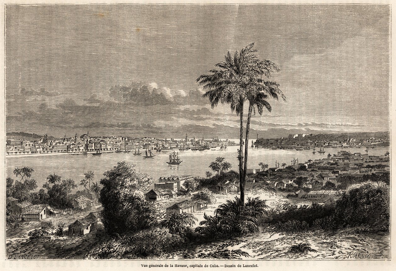 Havanna, Kuba fővárosa általános képe, Lancelot rajza a Kuba szigetére vezető utazás szemléltetésére 1859-ben, Richard Dana (1815-1882). Metszet a „” Le tour du monde, nouveau Journal des voyages”” Párizsban alkotó: Dieudonne Auguste Lancelot