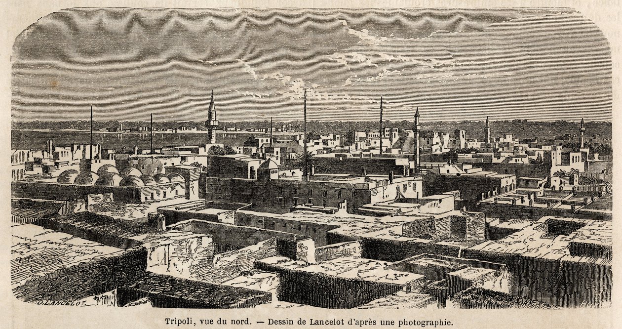 Tripoli általános képe, Lancelot rajza a Baron de Krafft 1860-as tripolisai sétáinak illusztrálására. Metszet „” Le tour du monde”” 1861. Selva gyűjteményében. alkotó: Dieudonne Auguste Lancelot