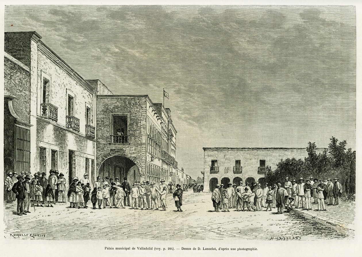 Valladolid városi palotája. Lancelot metszet a Ma last expedition au Yucatan történetének illusztrálására, Desire Charnay in le tour du monde 1887, rendezte: Edouard Charton (1807-1890), Hachette, Párizs. alkotó: Dieudonne Auguste Lancelot