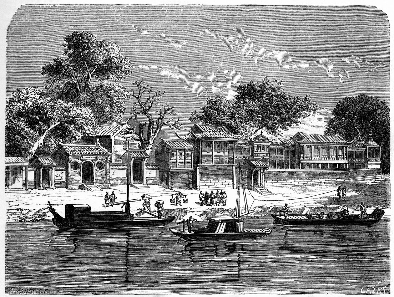 A francia misszionáriusok számára tervezett palota Tien Tsinben (Tien-Tsin, Tianjin), Kína. Lancelot metszet, a „Le Tour du Monde, Nouveau Journal des Voyages” című kiadványban, szerkesztette: Edouard Charton, Párizs alkotó: Dieudonne Auguste Lancelot
