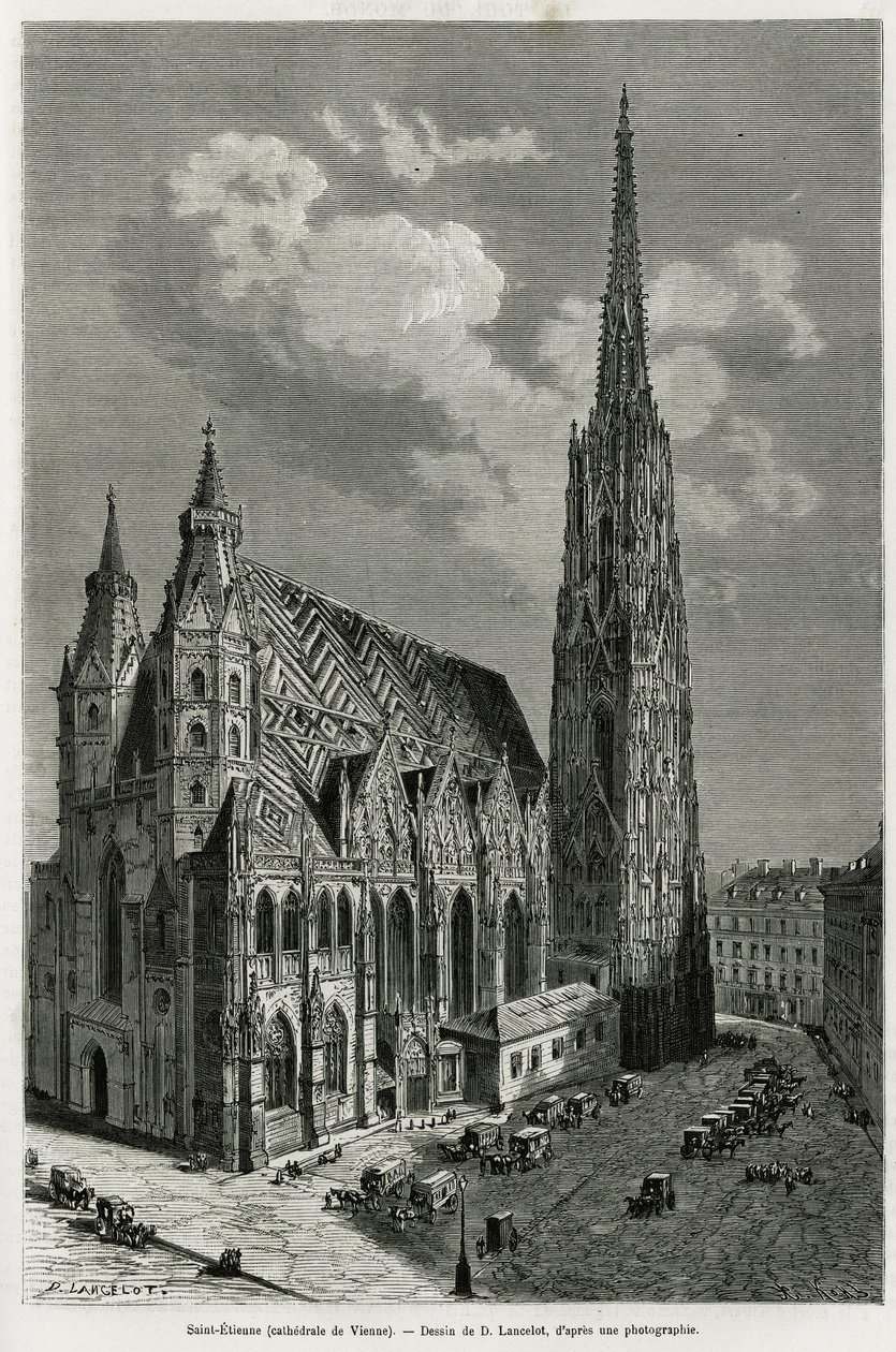 Szent István-székesegyház (St. Stephen vagy Stephansdom vagy St. Stephane vagy St. Stephan Kirche) (épült 1113 és 1147 között), Bécs (Ausztria). Lancelot metszete, M. Newlinski Vienne és külvárosai című történetének illusztrálására, 1881-ben, a To. alkotó: Dieudonne Auguste Lancelot