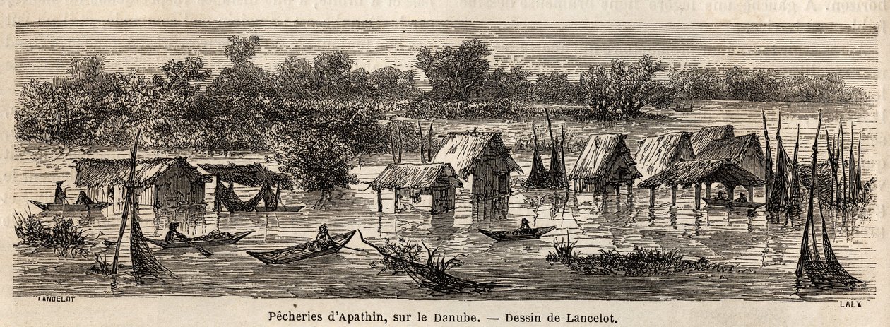 Apathin (Szerbia) halászata a Dunán. Lancelot rajza, 1860-ban Párizsból Bukarestbe tartó utazásának illusztrálására. Metszet a „Le tour du monde”-ban, szerkesztette Edouard Charton alkotó: Dieudonne Auguste Lancelot