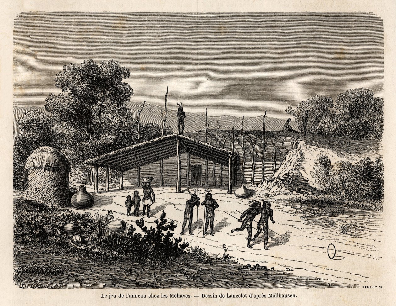 A mohaves indiánok gyűrűjátéka, Lancelot rajza, Baudouin Mollhausen (1825-1905) 1853-54-es Mississippi Csendes-óceáni utazásának illusztrálására. Metszet a „” Le tour du monde, nouveau Journal des voyages”” Párizsban alkotó: Dieudonne Auguste Lancelot