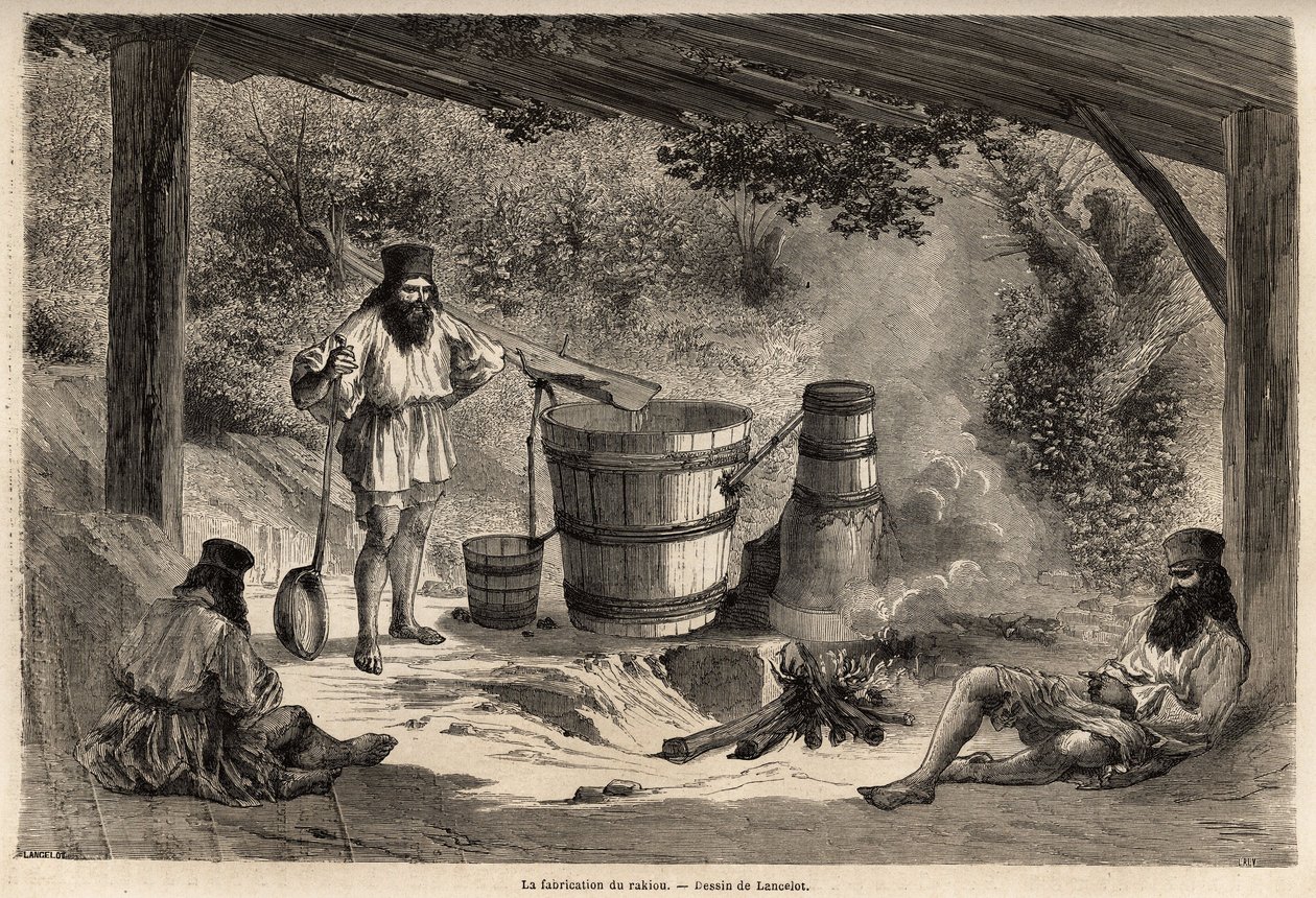 Romániában nagyon elterjedt rakiou, gabonaalkohol, pálinka gyártása. A Párizsból Bukarestbe tartó utazást illusztráló metszet, Lancelot rajzoló 1860-ban, a „Le tour du monde, nouveau Journal des voyages” című folyóiratban jelent meg a direktíva alatt. alkotó: Dieudonne Auguste Lancelot