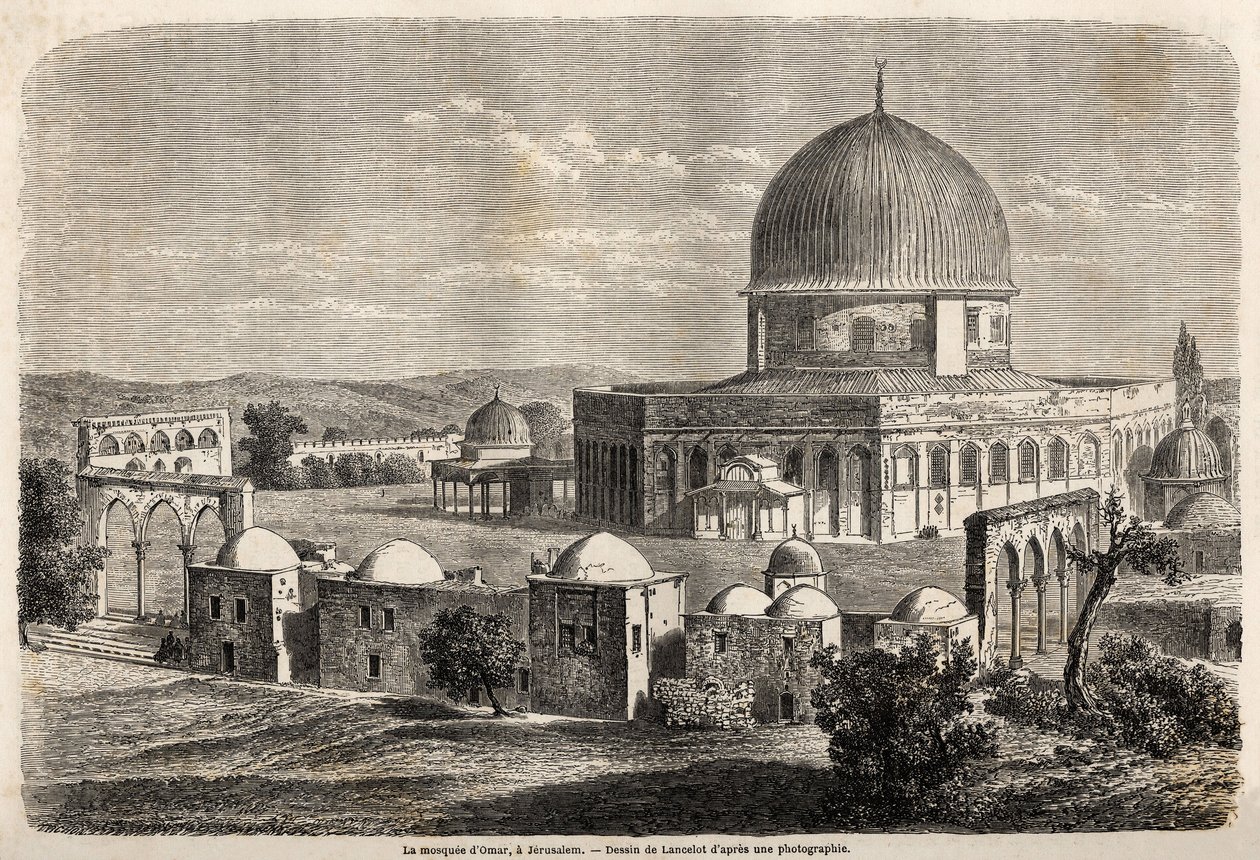 A 691-ben Jeruzsálemben épült Omar mecset, Lancelot rajza Bida úr 1856-os palesztinai útjának illusztrálására. Metszet: „” Le tour du monde, nouveau Journal des voyages” Paris alkotó: Dieudonne Auguste Lancelot