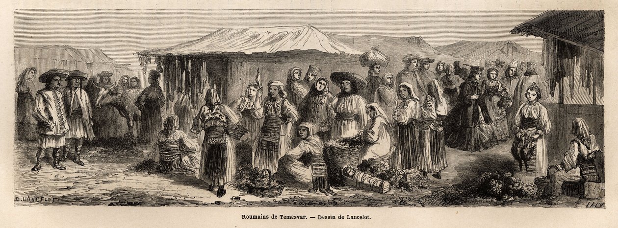Tesmevar (vagy Temesvár) sétáló lakossága Romániában. A Párizsból Bukarestbe tartó utazást illusztráló metszet Lancelot rajzolótól 1860-ban, amelyet a „Le tour du monde, nouveau Journal des voyages” jelent meg Edouard Charton irányítása alatt. alkotó: Dieudonne Auguste Lancelot