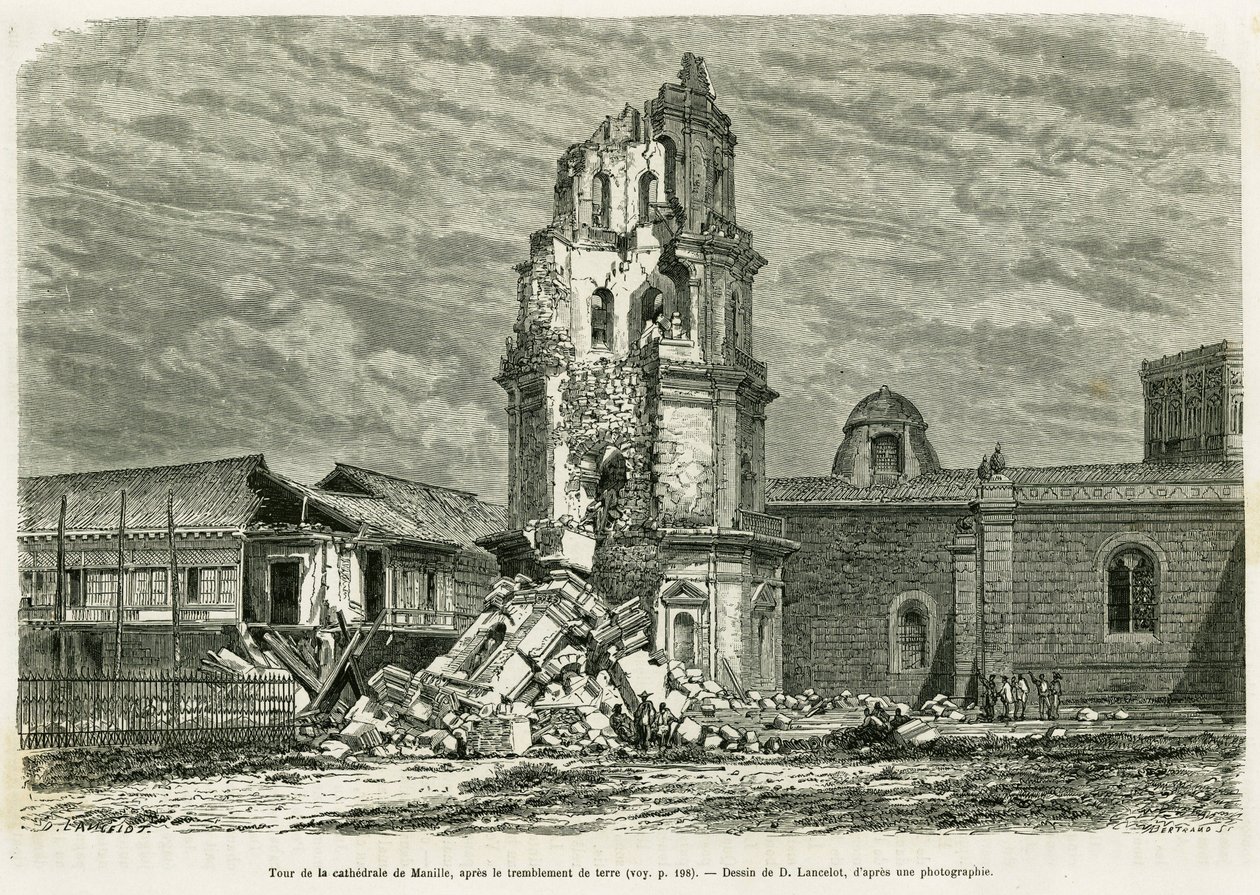A manilai katedrális tornya, az 1880. július 18-i földrengés után. Lancelot metszete a Lucon és Palaouan, hat éve a Fülöp-szigeteken című történet illusztrálására, Alfred Marche alkotó: Dieudonne Auguste Lancelot