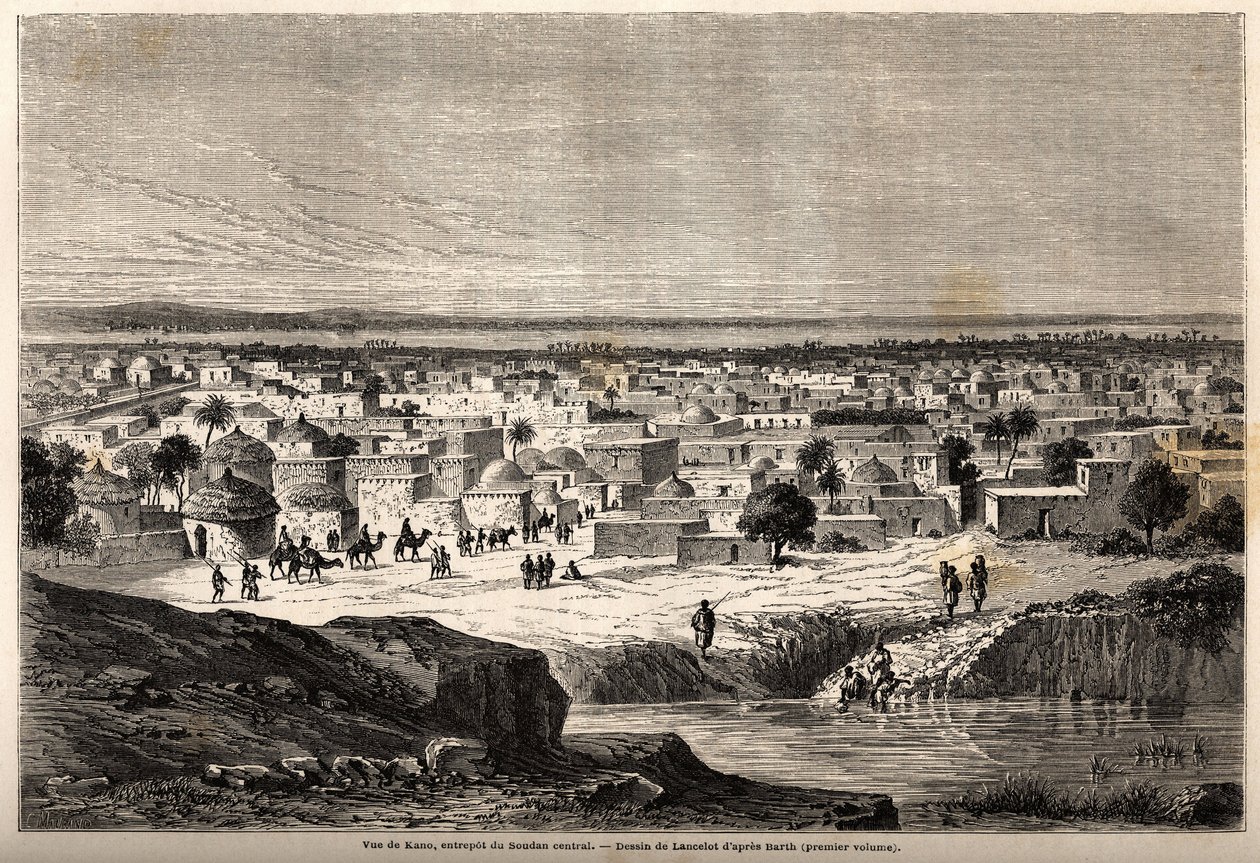 Kano (a mai Nigériától északra fekvő város és állam), Közép-Szudán raktárának képe, Lancelot rajza, Dr. Henri Barth 1849-1855 közötti utazásának illusztrálására Afrika központjába. Gravírozás a "" Le tour du monde, nouveau Journal des voyages" -ba alkotó: Dieudonne Auguste Lancelot