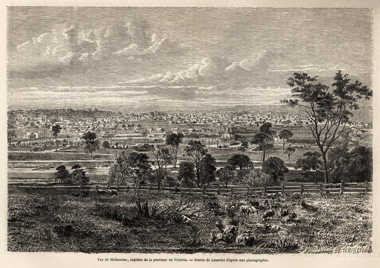 Melbourne (Ausztrália) látképe, Lancelot rajza egy 1854-1859-ben Ausztráliában élõ francia squatter emlékeinek illusztrálására, M. de Castella. Metszet „” Le tour du monde”” 1861. Selva gyűjteményében. alkotó: Dieudonne Auguste Lancelot