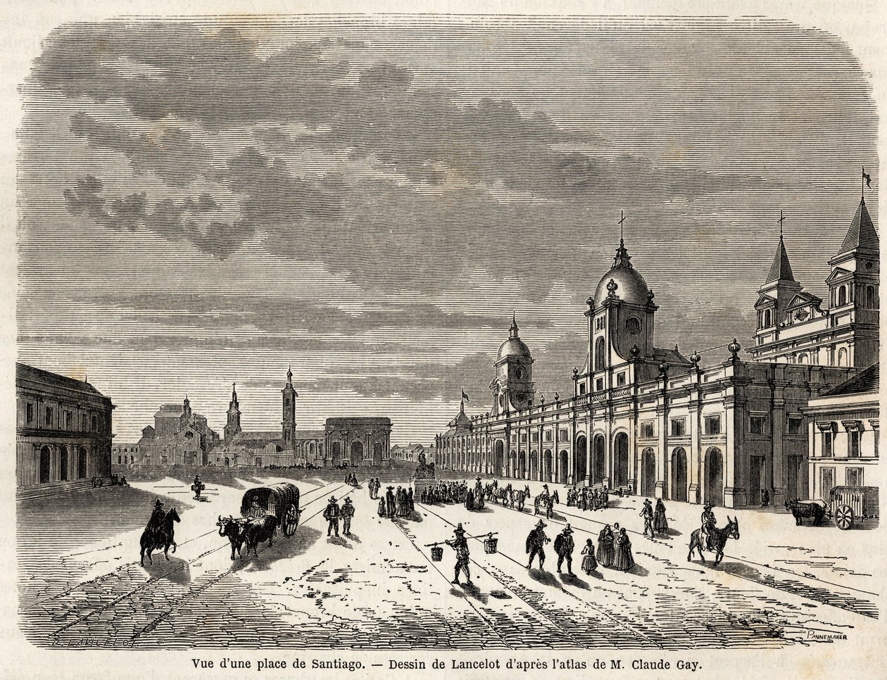 Egy Santiago (Chile) tér látképe, Lancelot rajza a dél-amerikai utazás szemléltetésére 1823-ban, Giovanni Mastai Ferretti (1792-1878, leendő IX. Pius). Metszet a „” Le tour du monde, nouveau Journal des voyages”” Párizsban alkotó: Dieudonne Auguste Lancelot
