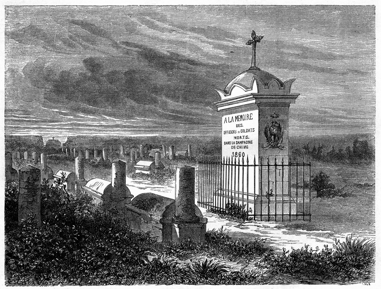 Kilátás a francia temetőre Pekinben (Peking), Kína. Metszet Lancelot rajza nyomán, a „Le Tour du Monde, Nouveau Journal des Voyages” című kiadványban, szerkesztette Edouard Charton, Párizs alkotó: Dieudonne Auguste Lancelot