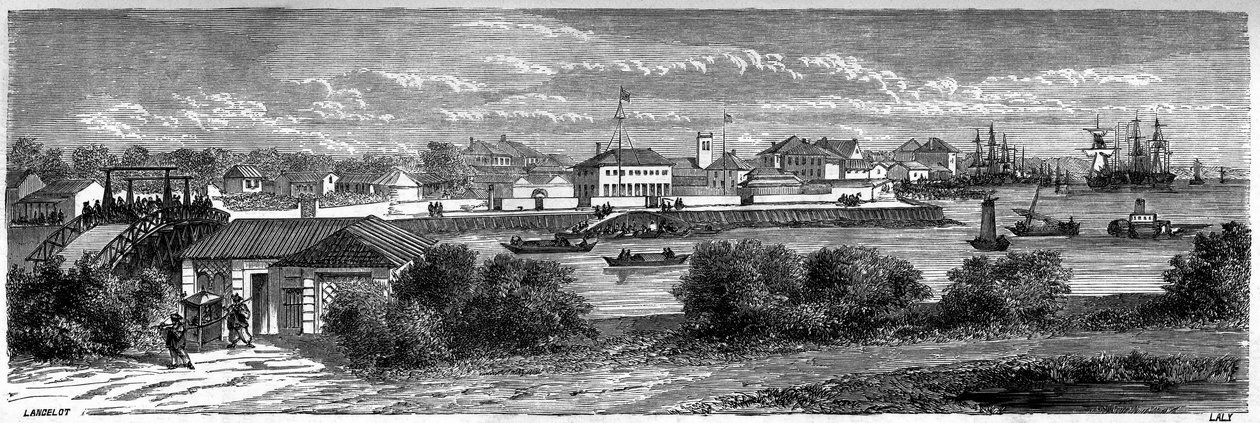 Kilátás az Egyesült Államok koncessziójára a Huangpu folyón Sanghajban 1860-ban, Kína. Lancelot metszete, a „Le Tour du Monde, Nouveau Journal des Voyages” című kiadványban, szerkesztette: Edouard Charton, Párizs alkotó: Dieudonne Auguste Lancelot