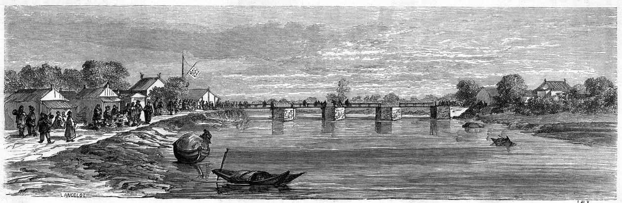 Kilátás a Suzhou folyón átívelő hídra Sanghaj közelében 1860-ban, Kína. Lancelot metszete, a „Le Tour du Monde, Nouveau Journal des Voyages” című kiadványban, szerkesztette: Edouard Charton, Párizs alkotó: Dieudonne Auguste Lancelot