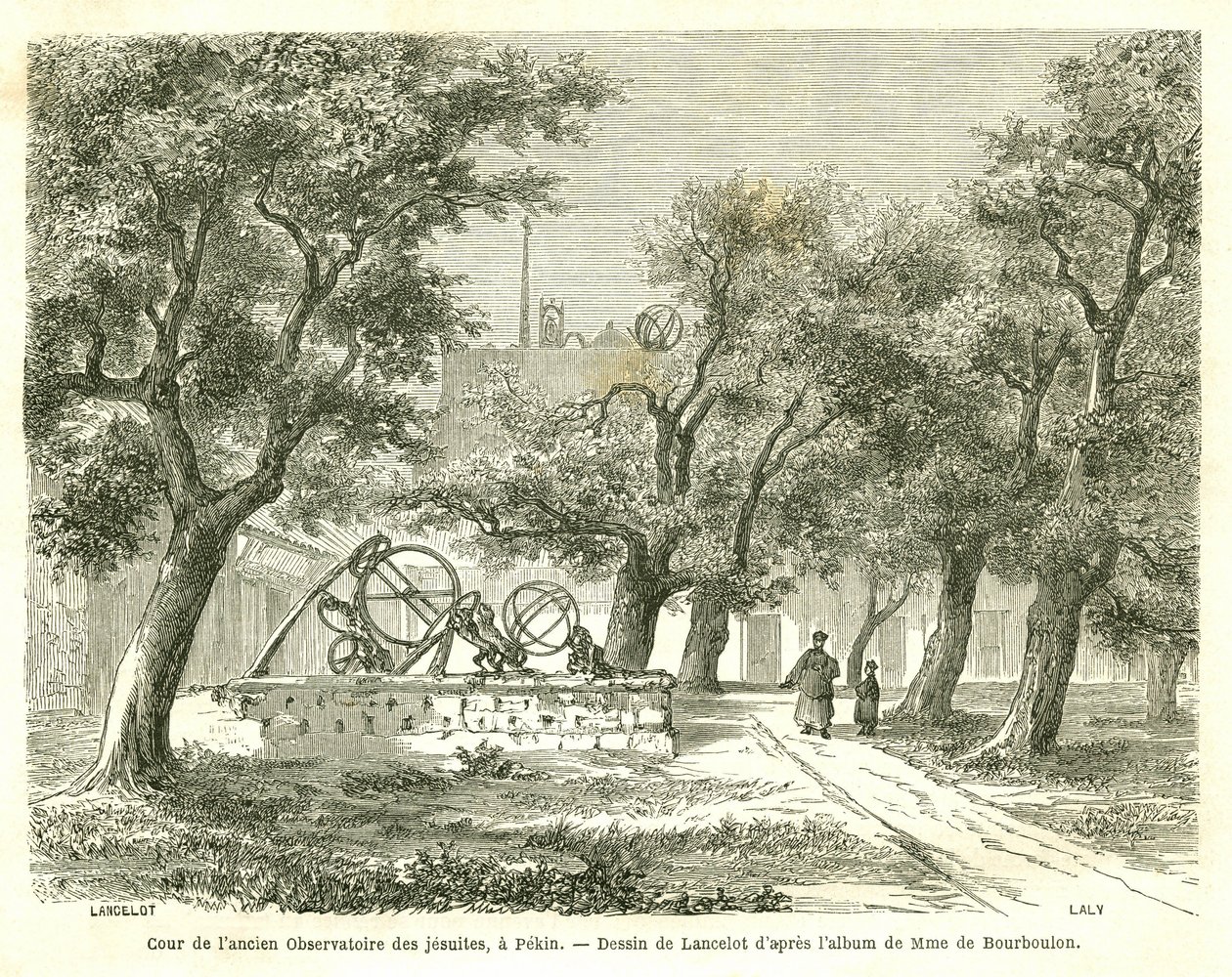 Kilátás az egykori jezsuita csillagvizsgáló udvarára Pekinben (Peking), Kína. Lancelot metszete, a „Le Tour du Monde, Nouveau Journal des Voyages” című kiadványban, szerkesztette: Edouard Charton, Párizs alkotó: Dieudonne Auguste Lancelot