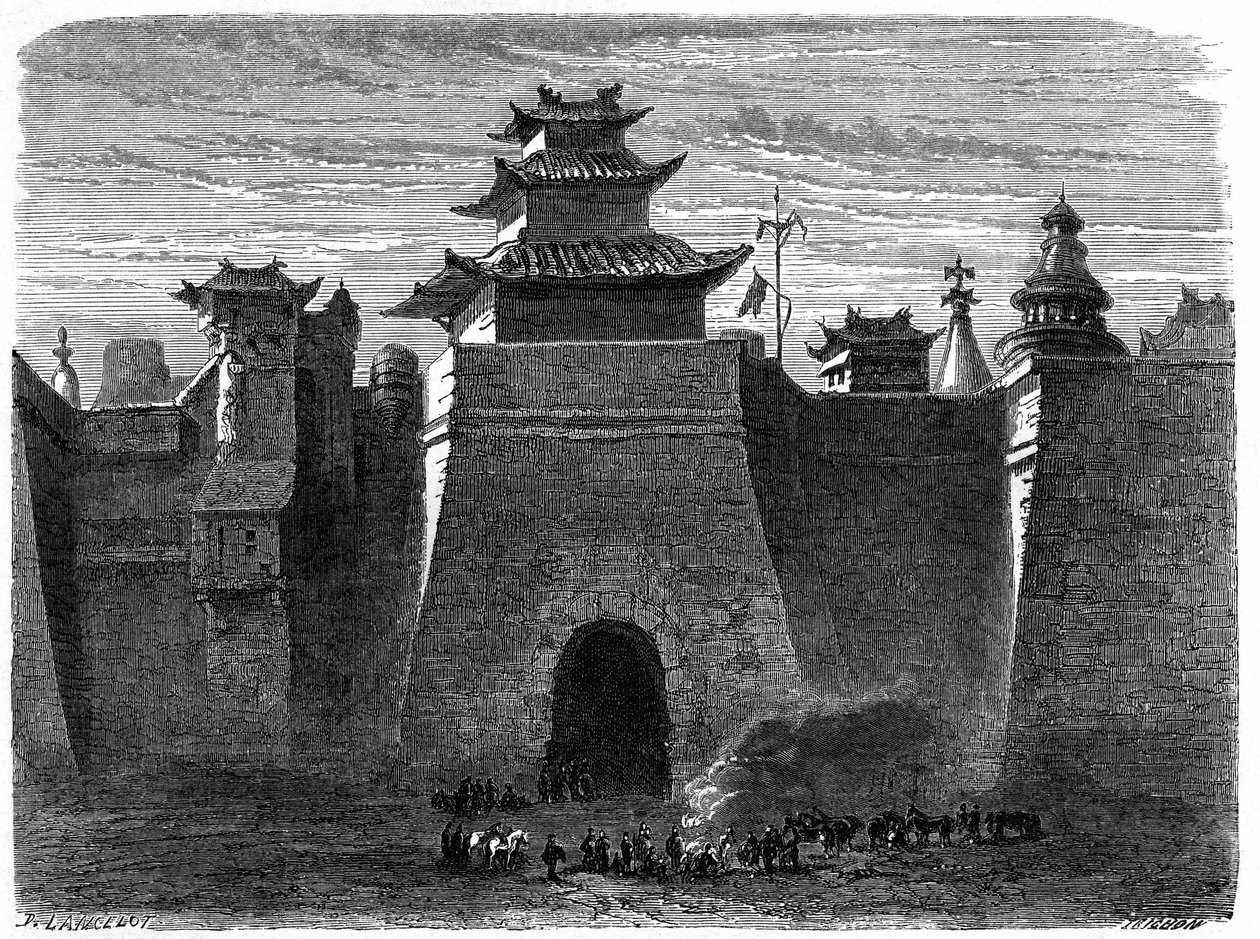 Pekin falai és kapuja (Peking), Kína. Lancelot metszete, a „Le Tour du Monde, Nouveau Journal des Voyages” című kiadványban, szerkesztette: Edouard Charton, Párizs alkotó: Dieudonne Auguste Lancelot