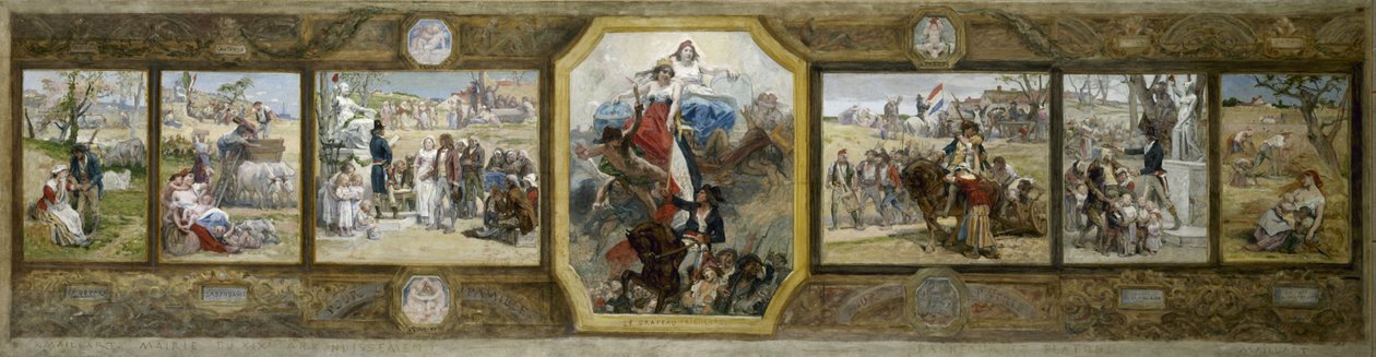 A párizsi 19. kerületi városháza házasságkötő termének vázlata: A trikolór zászló, köztársasági allegóriák alkotó: Diogene Ulysse Napoleon Maillart