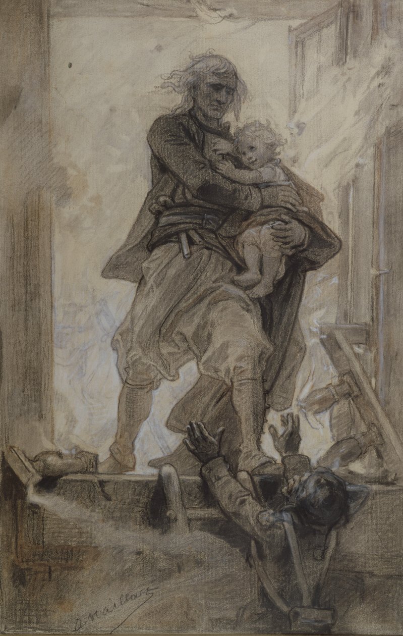 Lantenac márki megment egy gyereket, Victor Hugo (1802-85) illusztrációja a Quatre-vingt-treize-ből (ceruza, zsírkréta és gouache papíron) alkotó: Diogene Ulysse Napoleon Maillart
